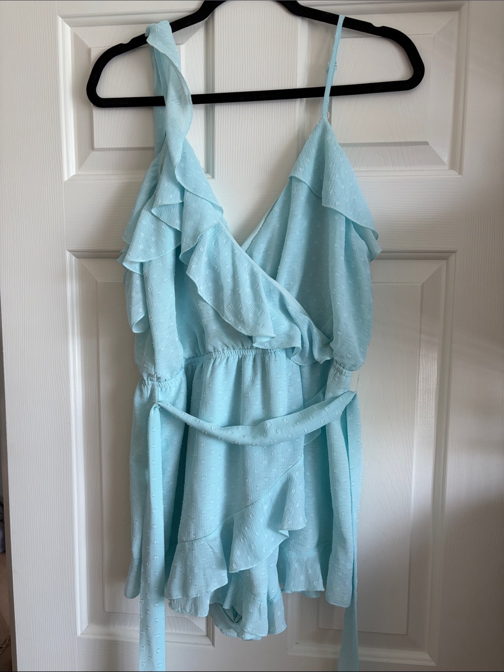 superdown Light Blue Ruffled Wrap Romper